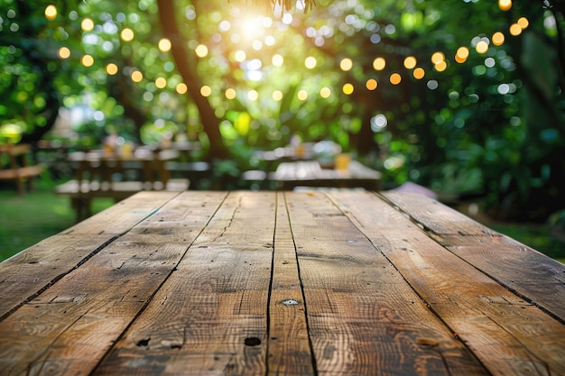 Empty Wooden Table with a Blurred Garden Party in the Background