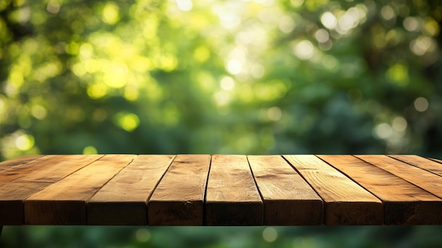 Empty Wooden Table with Blurred Green Background