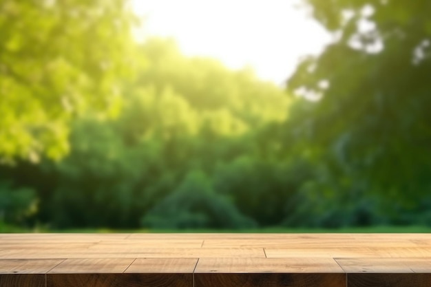 Empty wooden table with blurred natural green background Generative AI