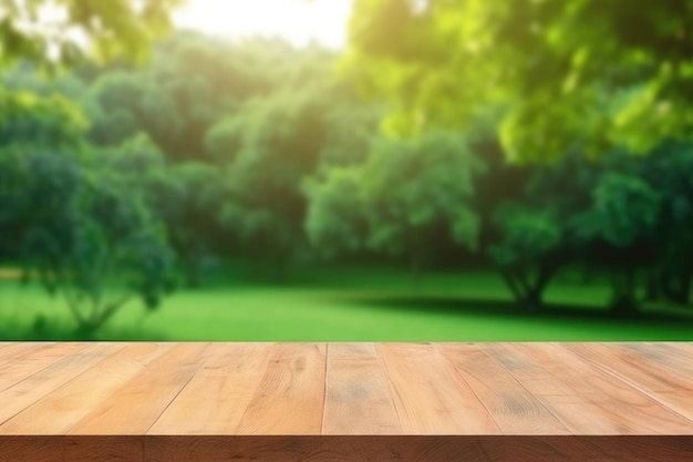 Empty wooden table with blurred natural green background Generative AI