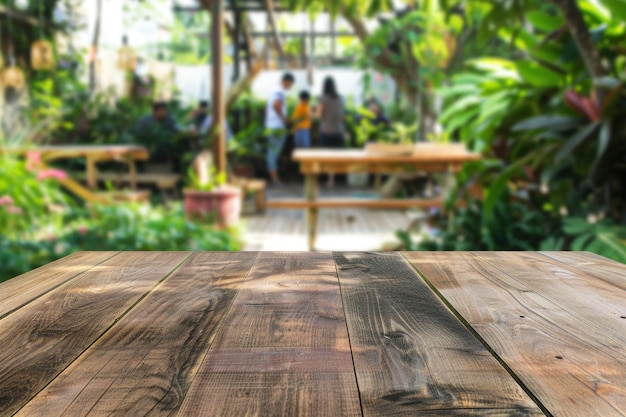 Empty wooden table with blurred park and garden background Space for product or brand advertising