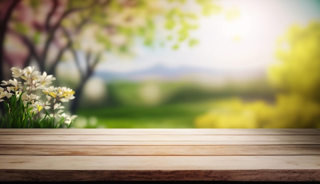 Empty wooden table with blurred spring background