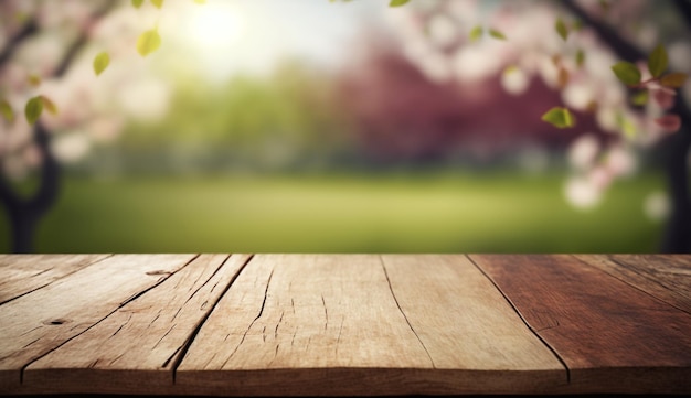 Empty wooden table with blurred spring background