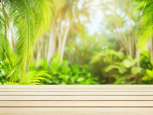 Empty wooden table with blurred tropical jungle background