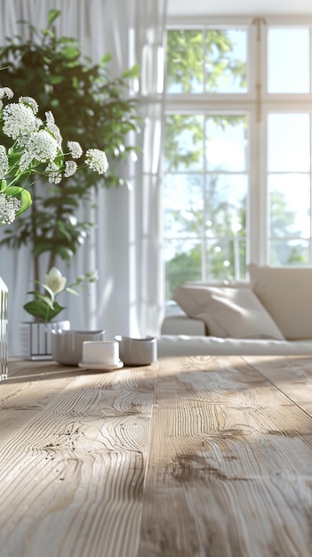 Empty wooden table with blurred view of scandinavian living room ar 916 Job ID 9ef9c8e558724d8893e225c29d9c0b44