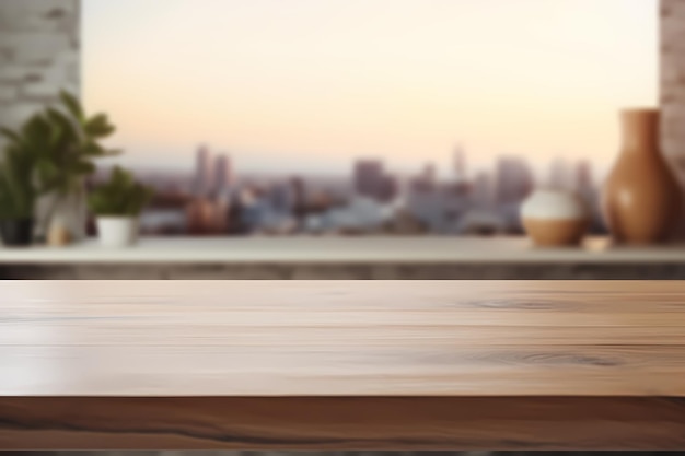 Empty wooden table with blurred view of scandinavian living room