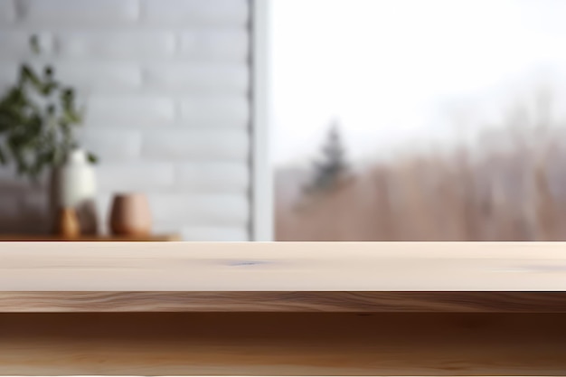 Empty wooden table with blurred view of scandinavian living room