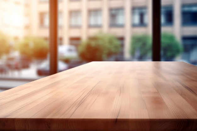 Empty wooden table with a blurry background of a building and sunshine