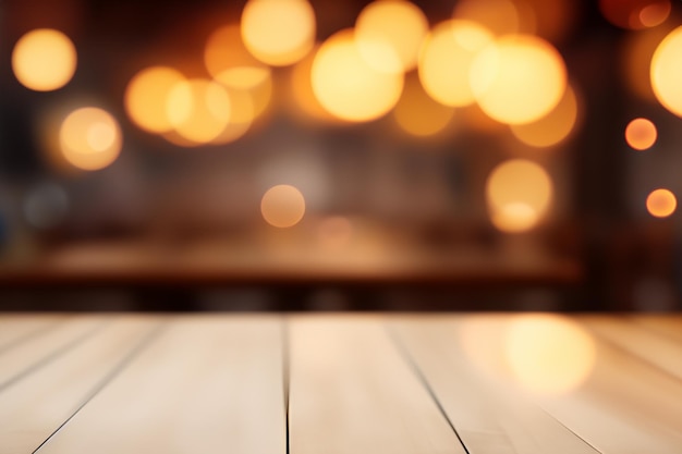 Empty wooden table with blurry background of warm glowing lights