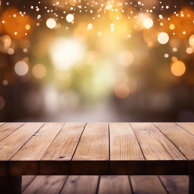 Empty wooden table with blurry golden lights in the background Theme of Christmas and New Years mood