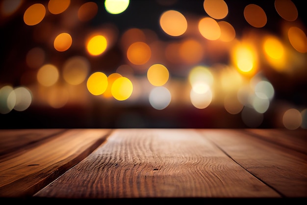 Empty wooden table with bokeh background Generative AI