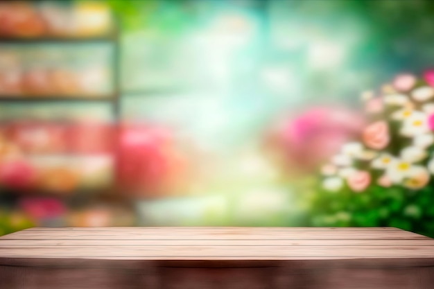 Empty wooden table with bokeh background