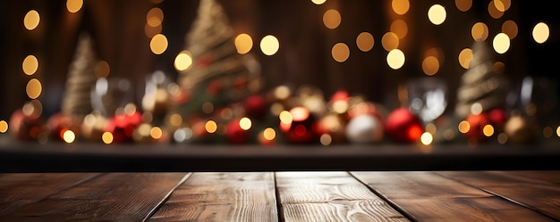 Empty wooden table with christmas theme in background