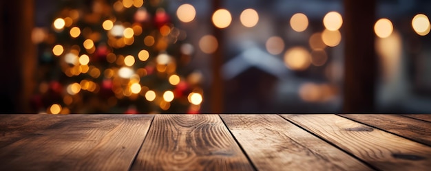 Empty wooden table with christmas theme in background