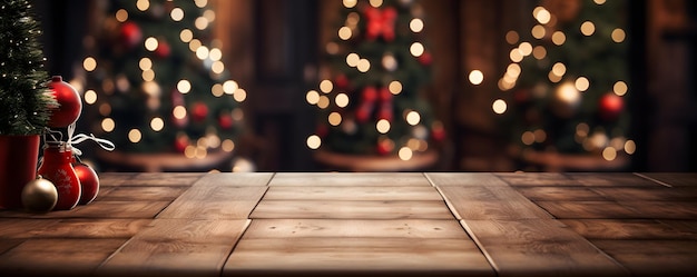 Empty wooden table with christmas theme in background