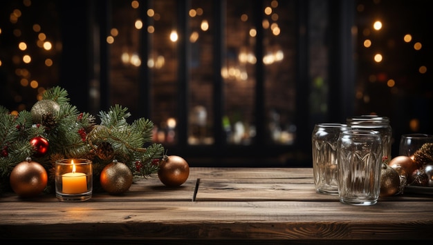 Empty wooden table with christmas theme in background