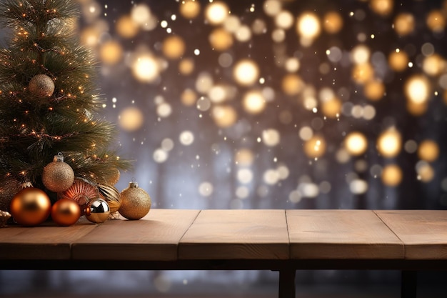 Empty wooden table with Christmas tree in background perfect for showcasing your products or designs