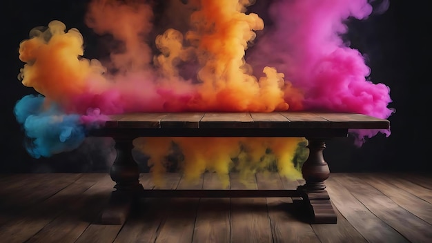 Empty wooden table with colorful smoke float up on dark background