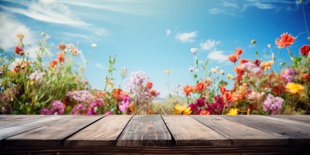 Empty wooden table with flowers field background Created Generative Ai