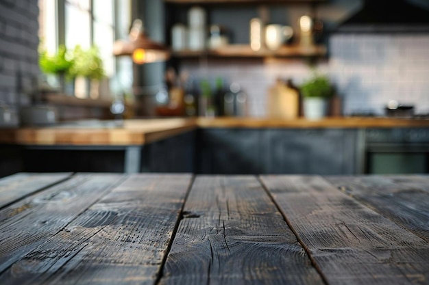 Empty wooden table with kitchen in background