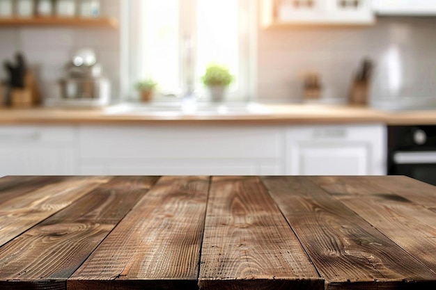 Empty wooden table with kitchen in background