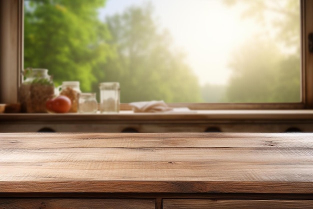 Empty wooden table with kitchen in background