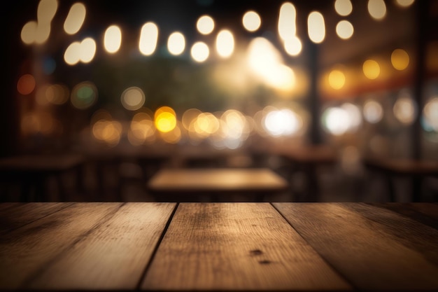 An empty wooden table with lights in the background Generative AI