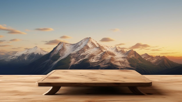 empty wooden table with mountains background