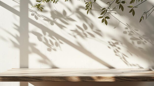 Empty wooden table with natural leaf shadows on white wall background Minimal mockup display for cosmetic product presentation spa beauty treatment Concept of nature organic ecofriendly