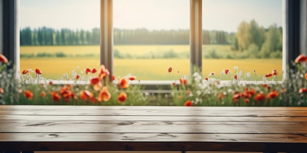 Empty wooden table with nature view out of window background Generative Ai