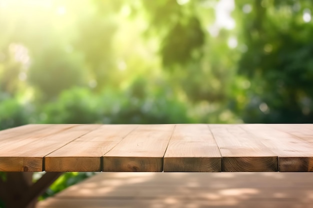 Empty wooden table with party in garden background generative ai