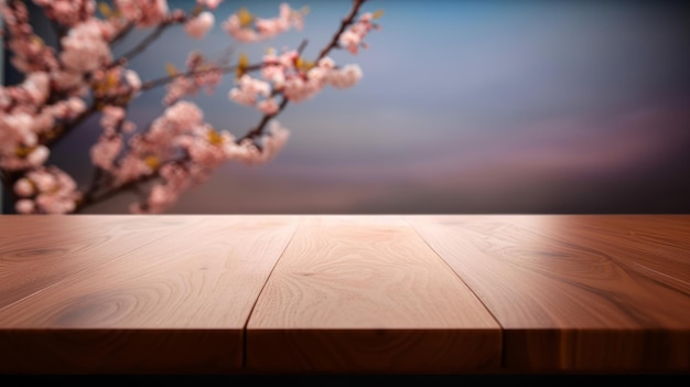 Empty wooden table with sakura flowers Illustration AI GenerativexA