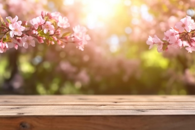 Empty wooden table with spring background