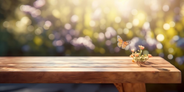 Empty wooden table with spring flower and butterfly background Generative Ai