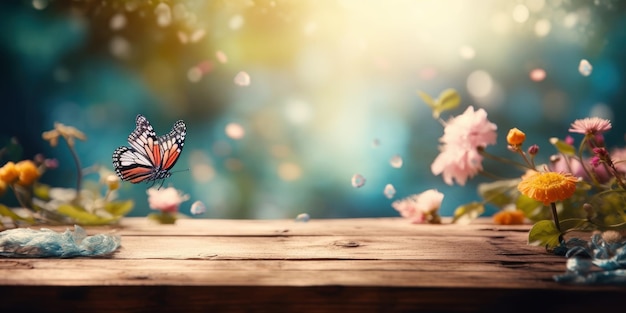 Empty wooden table with spring flower and butterfly background Generative Ai