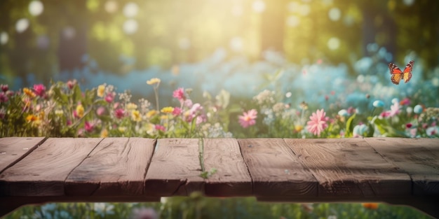 Empty wooden table with spring flower and butterfly background Generative Ai