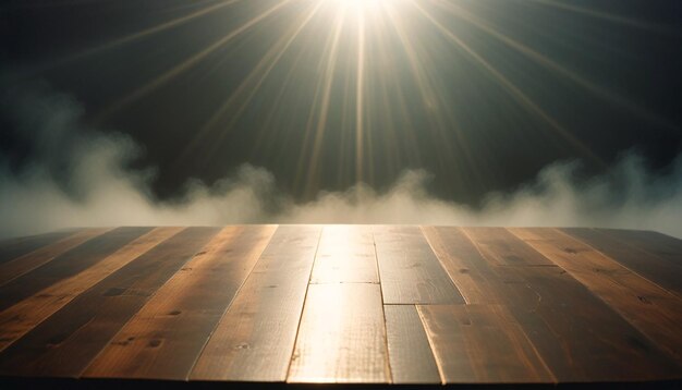 Photo empty wooden table with sunlight on dark background for product presentation mockup