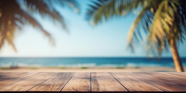 Empty wooden table with tropical beach of summer background Generative Ai