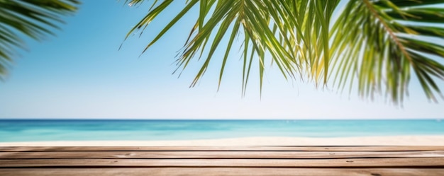 Empty wooden table with tropical sea and beach background Generative Ai