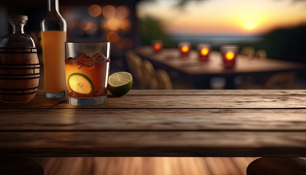 Empty wooden table with a view of blurred beverages bar backdrop