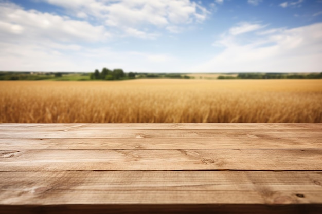 Empty wooden table with wheat field background Ai Generated