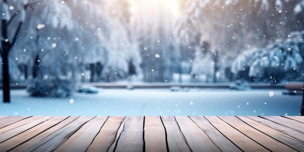 Empty wooden table with winter background Template mock up for display of product