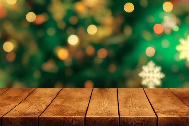 Empty wooden tableAgainst the background of blurred Christmas cozy window bokehBlurred background