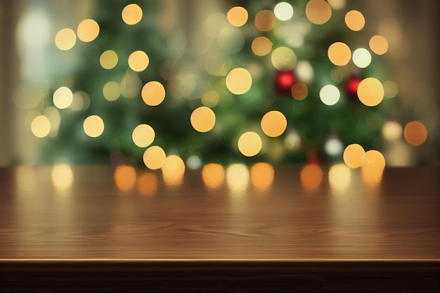 Empty wooden tableAgainst the background of blurred Christmas cozy window bokehBlurred background