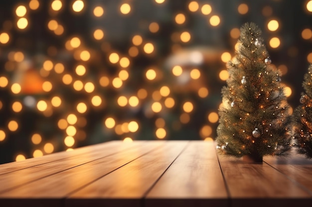 Empty wooden tabletop and blurred garland on Christmas ornaments background generative ai