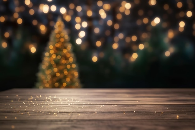 Empty wooden tabletop and blurred garland desk with christmas tree in background generative ai