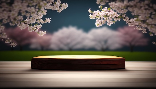 An empty wooden tabletop product demonstration stage with a background of cherry blossoms in spring Generative Ai