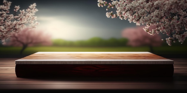 An empty wooden tabletop product demonstration stage with a background of cherry blossoms in spring Generative Ai