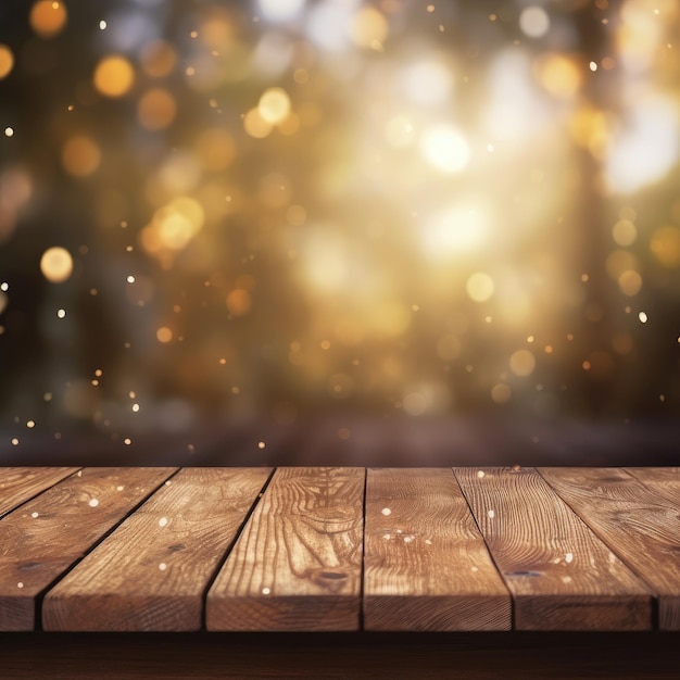 Empty wooden tabletop with autumn blurred background