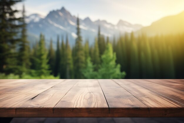 Empty wooden tabletop with blurred beautiful natural background